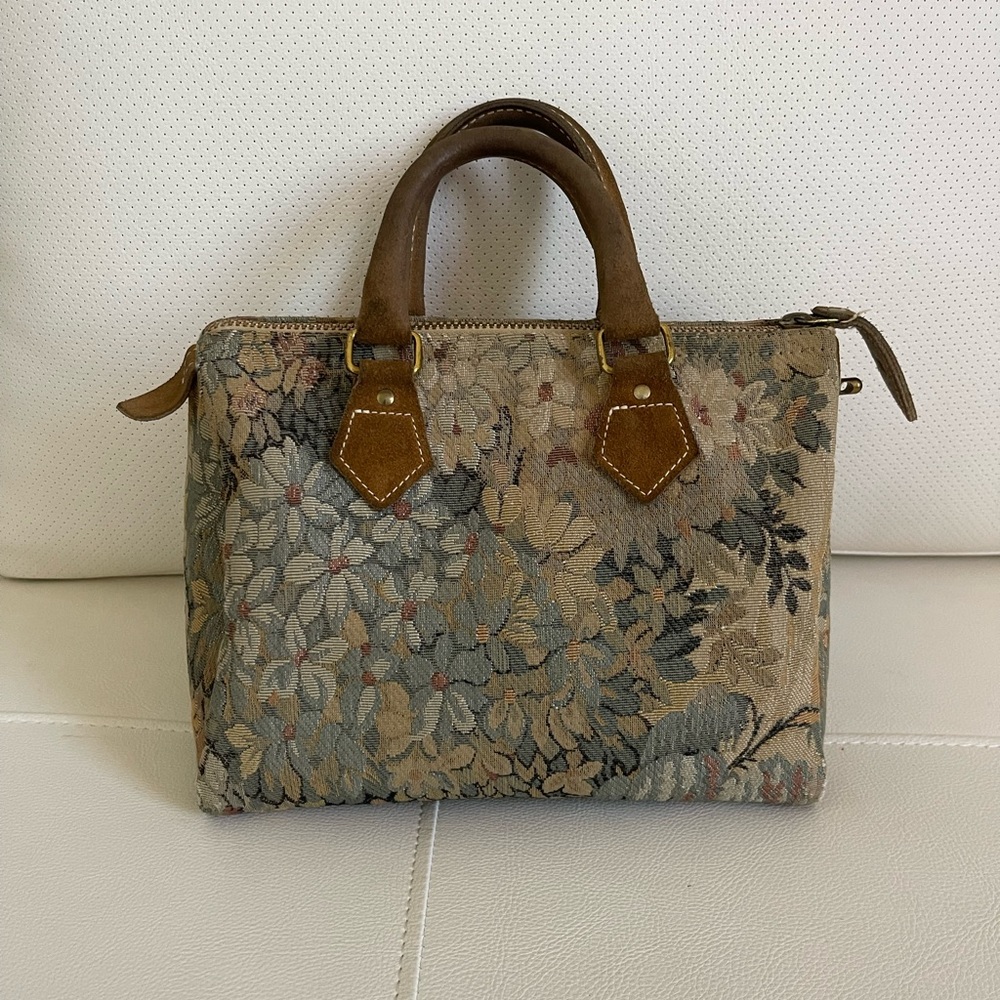 French Americas Luggage Vintage Floral Gray Suede Leather & Tapestry Dr. Bag